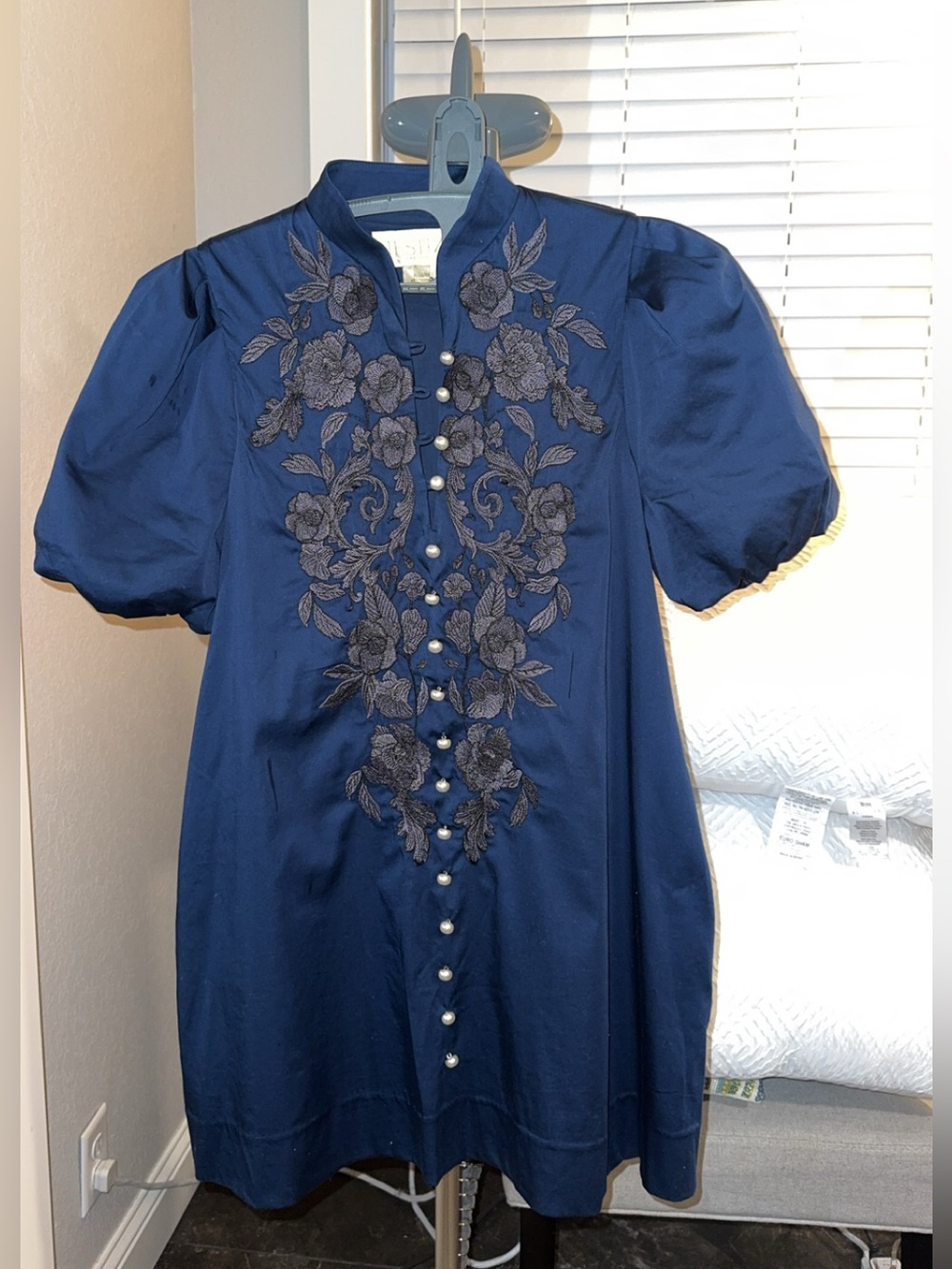 Classic Navy Embroidered Button-Front Dress